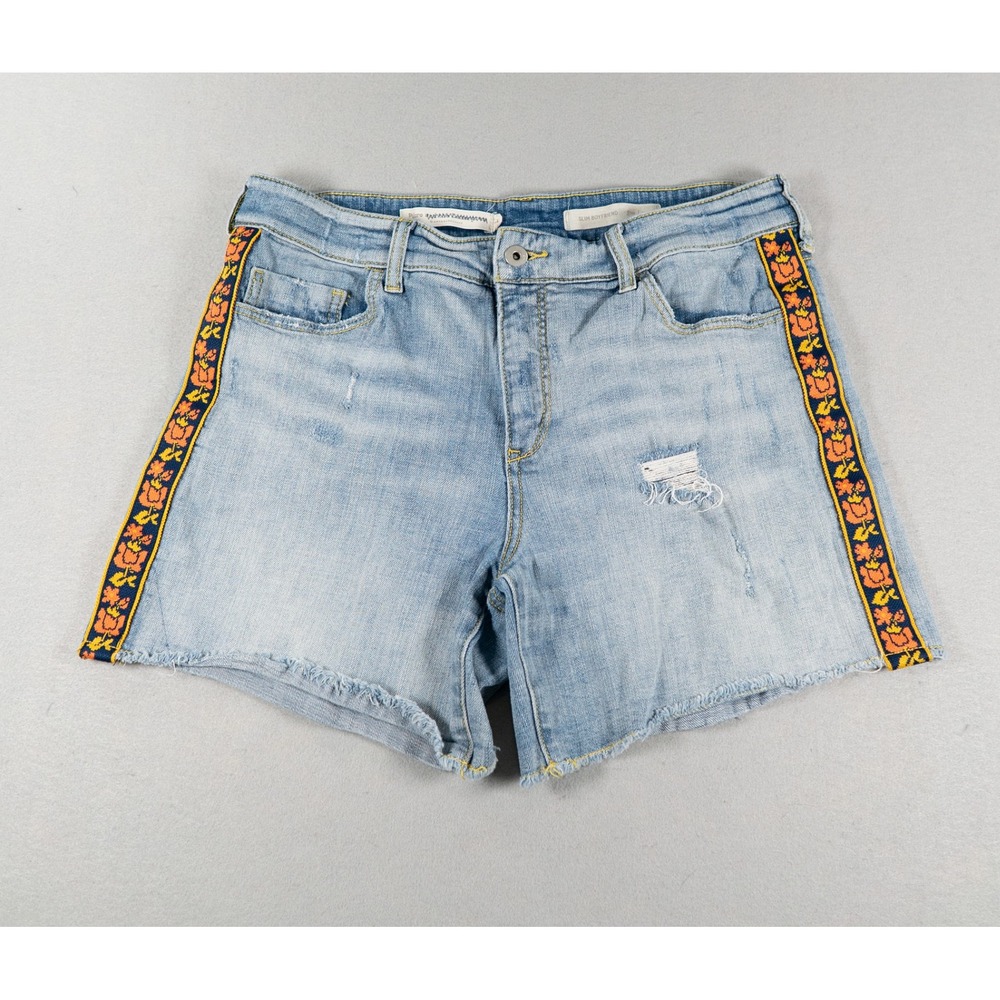 Pilcro Anthropologie Womens Slim Boyfriend Embroidered Denim Shorts Size 30 Blue